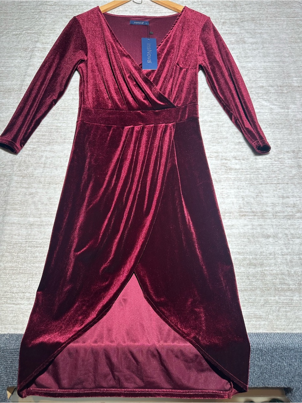InsNova Burgundy Velvet Body-con High-Low Wrap Dress